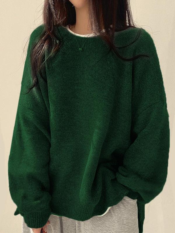 Gretje Damen Strickpullover mit Rundhalsausschnitt und Seitenschlitzen – Dunkelgrün
