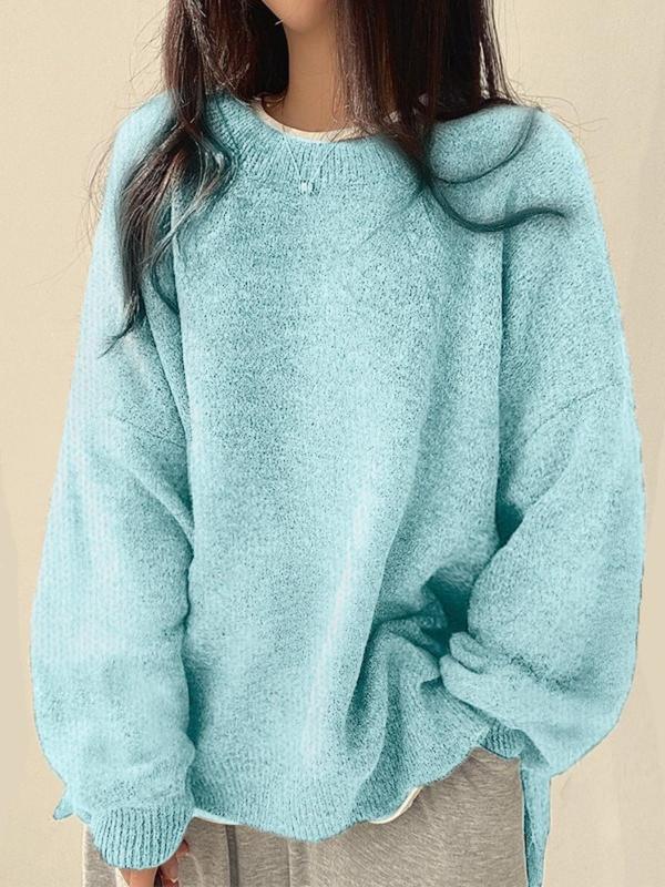 Gretje Damen Strickpullover mit Rundhalsausschnitt und Seitenschlitzen – Eisblau