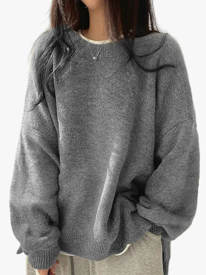 Gretje Damen Strickpullover mit Rundhalsausschnitt und Seitenschlitzen – Grau