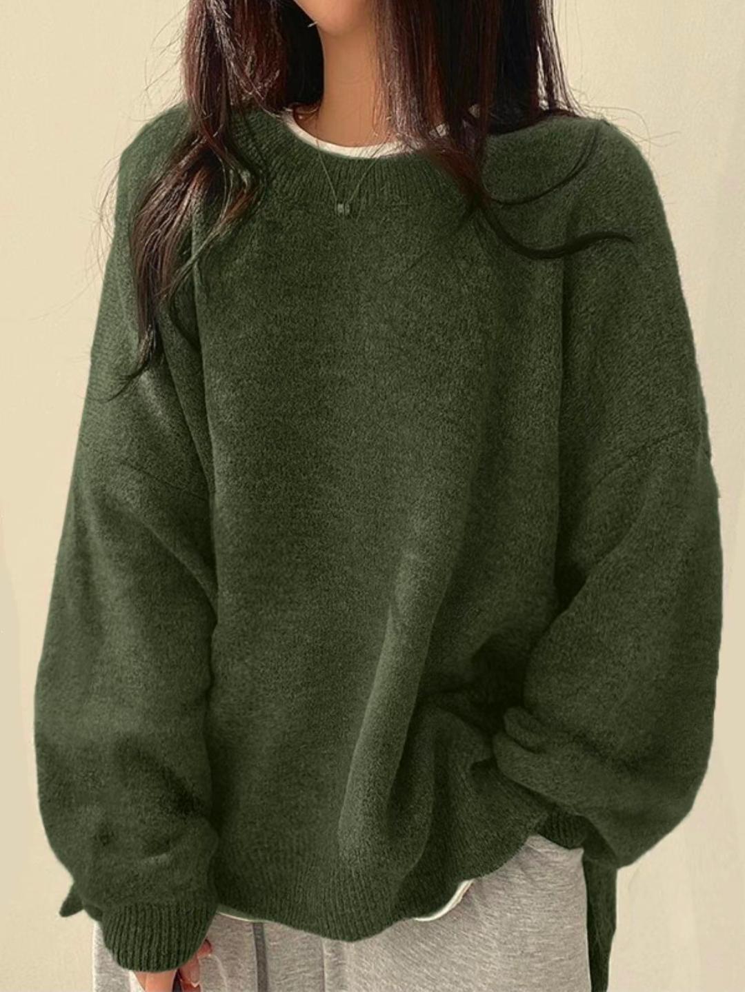 Gretje Damen Strickpullover mit Rundhalsausschnitt und Seitenschlitzen – Olivgrün
