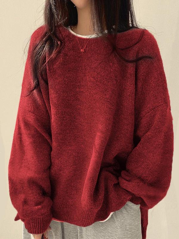 Gretje Damen Strickpullover mit Rundhalsausschnitt und Seitenschlitzen – Rot