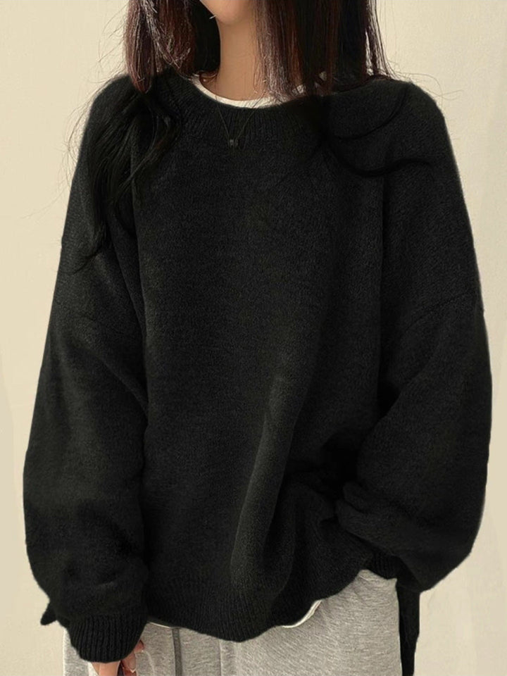 Gretje Damen Strickpullover mit Rundhalsausschnitt und Seitenschlitzen – Schwarz