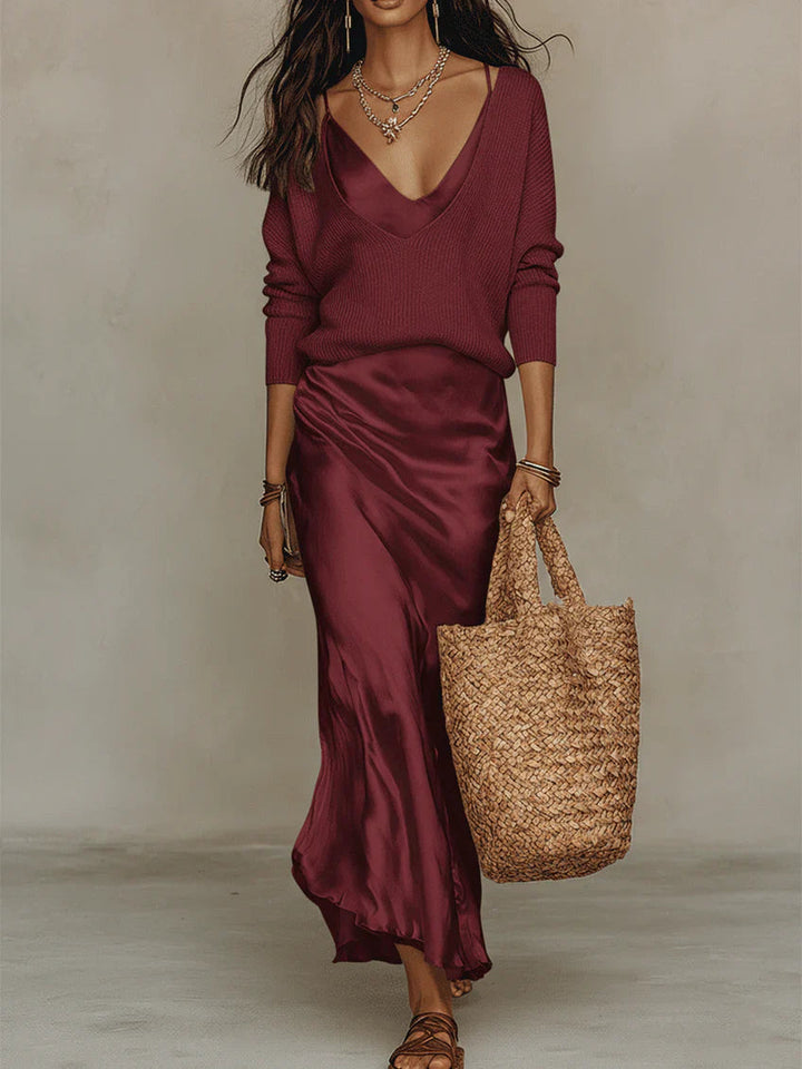 Hannah | Satin-Midikleid mit Pullover-Set