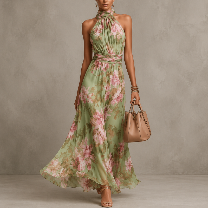Hanne | Damen Elegantes Blumen Chiffon Maxikleid