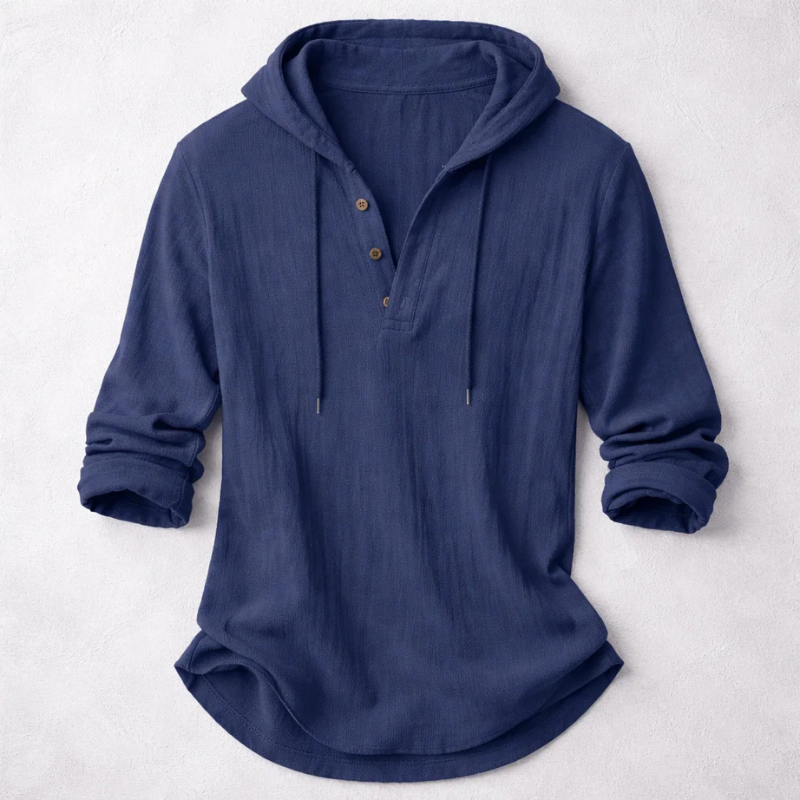 Hauke Herren Schlupfhemd mit Kapuze, Kordelzug und Knopfleiste – Marineblau