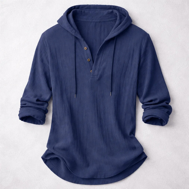 Hauke Herren Schlupfhemd mit Kapuze, Kordelzug und Knopfleiste – Marineblau
