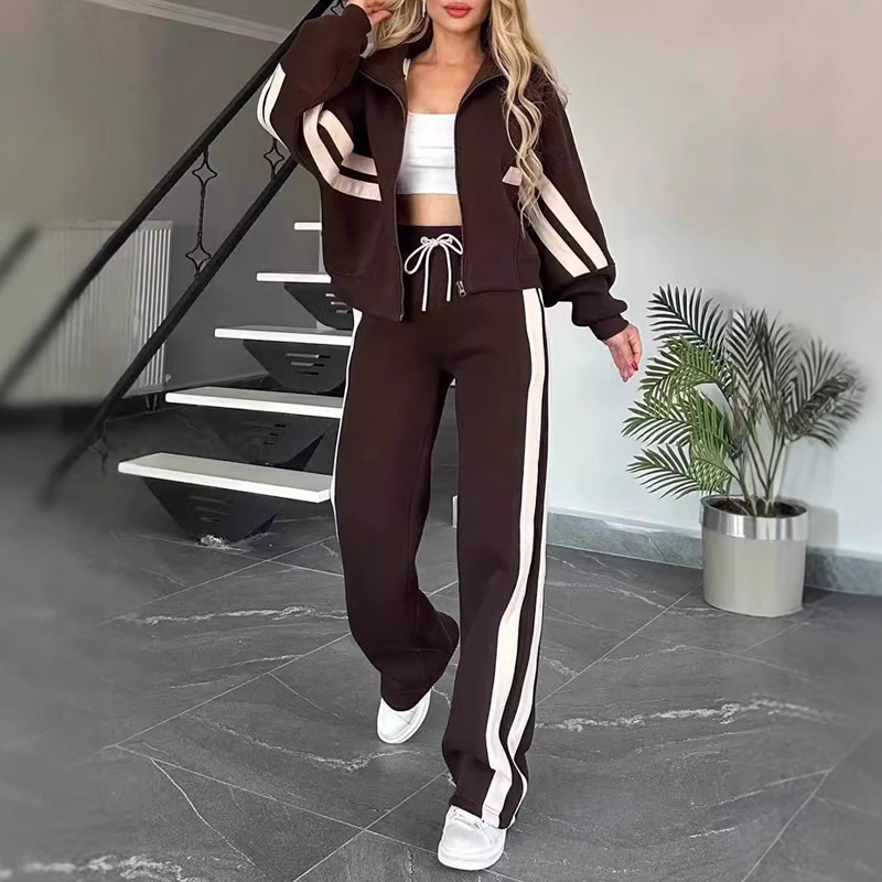 Hedda Damen sportliches Zweiteiler-Set mit Streifendesign – Braun