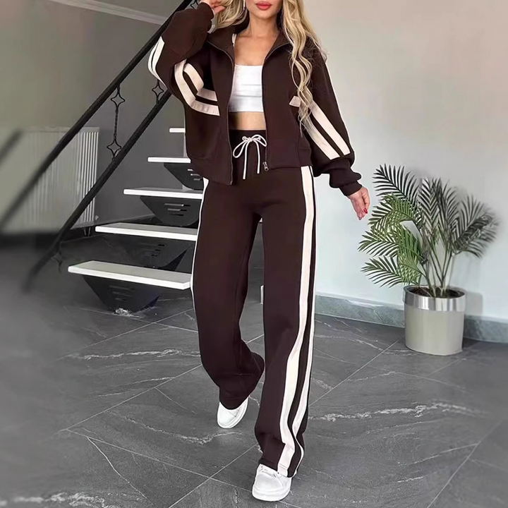 Hedda Damen sportliches Zweiteiler-Set mit Streifendesign – Braun