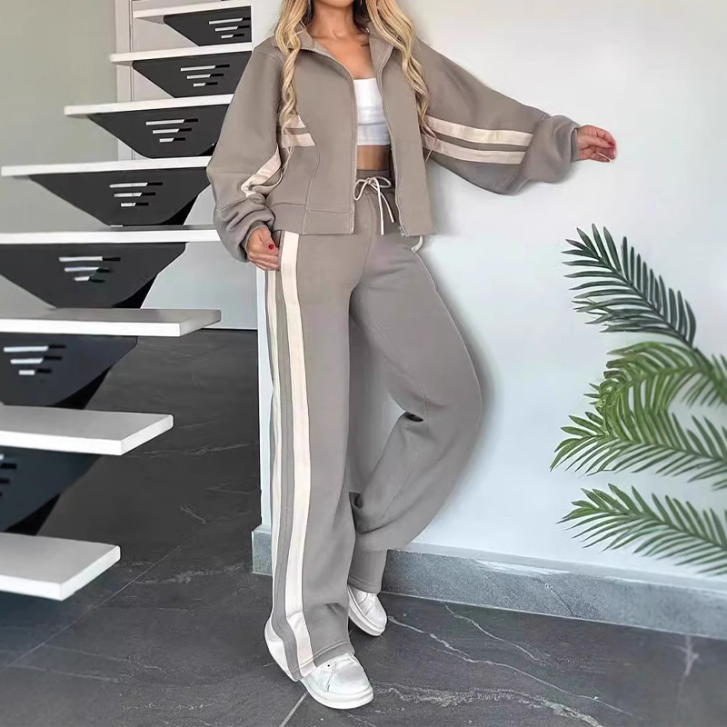 Hedda Damen sportliches Zweiteiler-Set mit Streifendesign – Grau