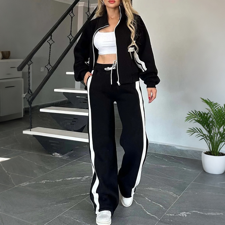 Hedda Damen sportliches Zweiteiler-Set mit Streifendesign – Schwarz