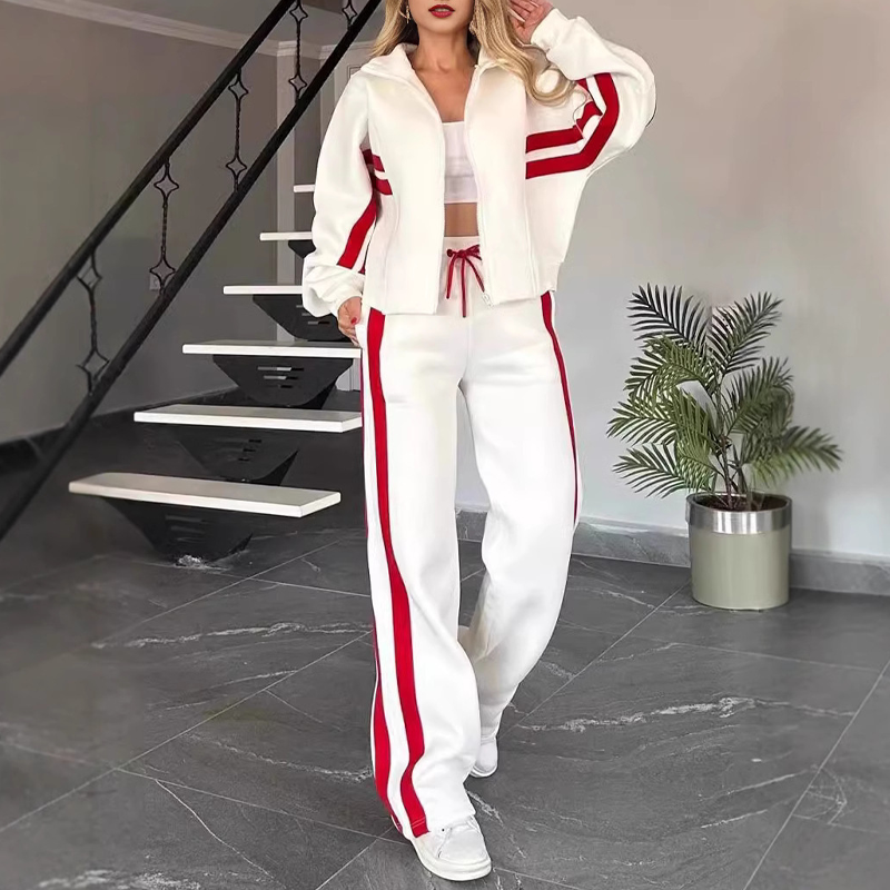 Hedda Damen sportliches Zweiteiler-Set mit Streifendesign – Weiß