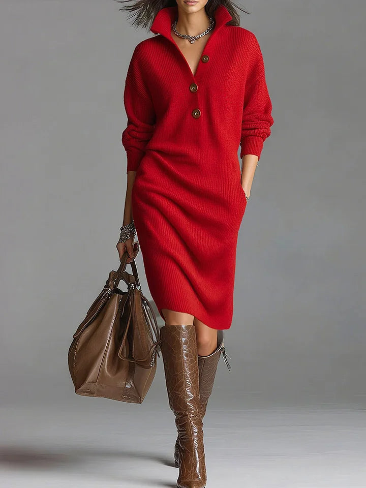 Helene | Damen geripptes Knopfleisten Midikleid