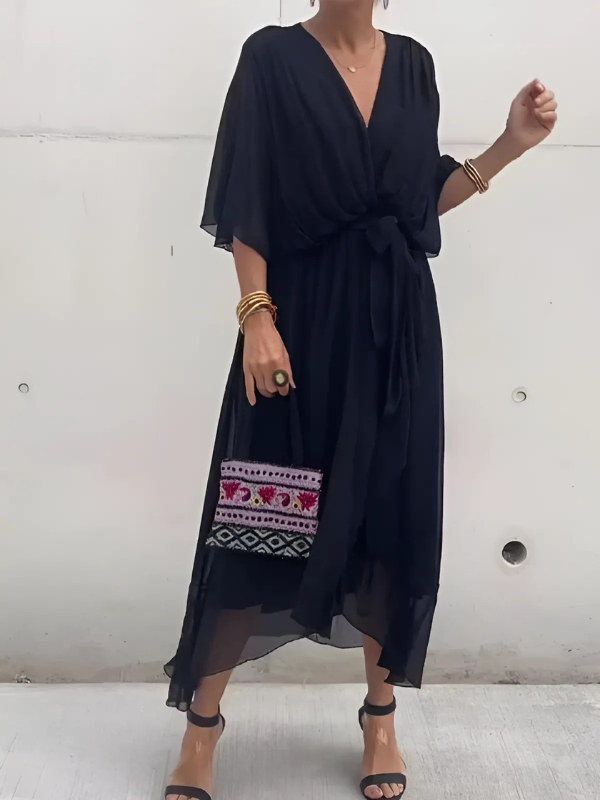Helga | Damen Midikleid mit Bindegürtel und Flatterärmeln