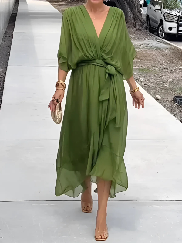 Helga | Damen Midikleid mit Bindegürtel und Flatterärmeln