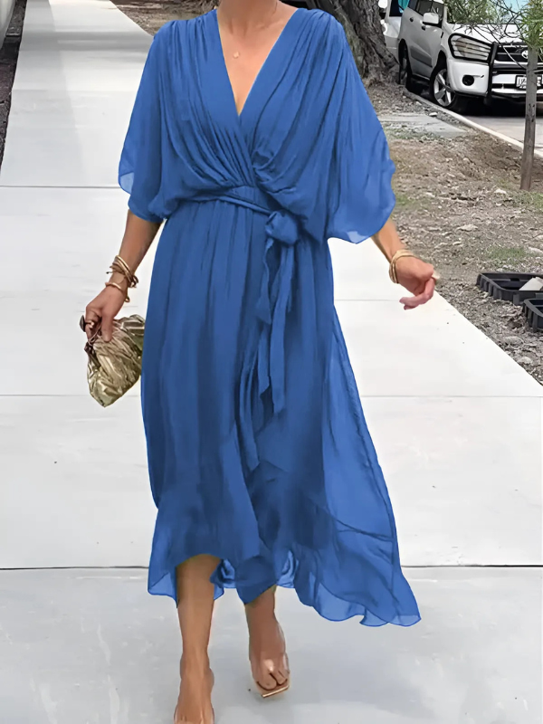 Helga | Damen Midikleid mit Bindegürtel und Flatterärmeln