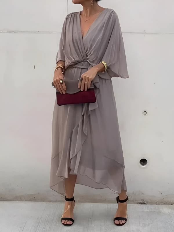 Helga | Damen Midikleid mit Bindegürtel und Flatterärmeln