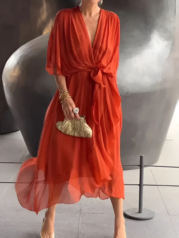 Helga | Damen Midikleid mit Bindegürtel und Flatterärmeln