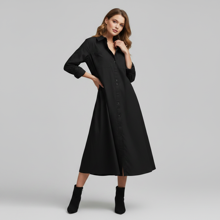 Henni Damen Hemdblusenkleid in A-Linie mit Krempelärmeln und Taschen