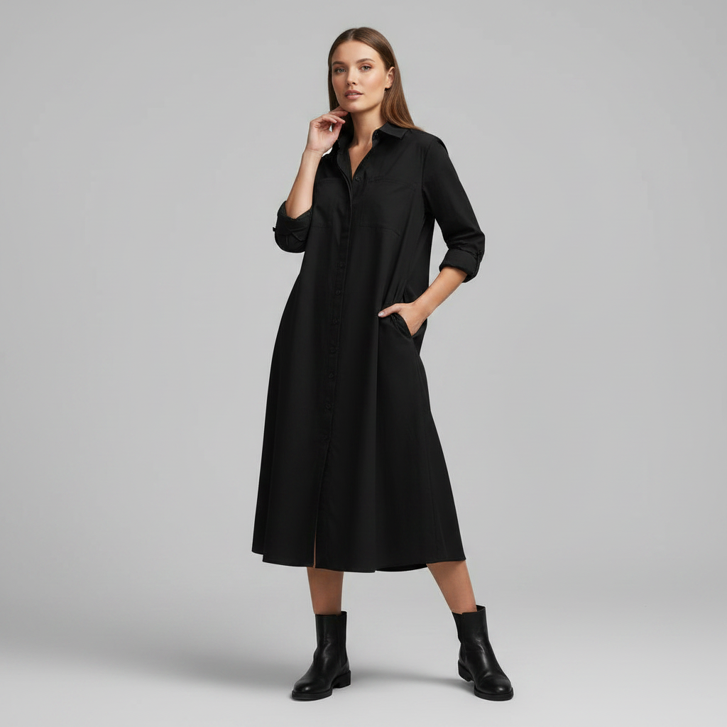 Henni Damen Hemdblusenkleid in A-Linie mit Krempelärmeln und Taschen