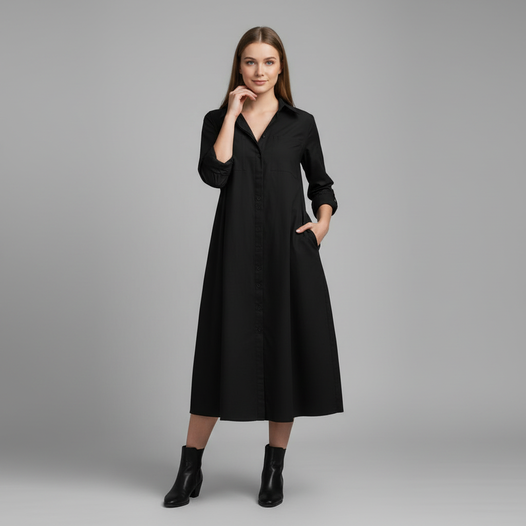 Henni Damen Hemdblusenkleid in A-Linie mit Krempelärmeln und Taschen