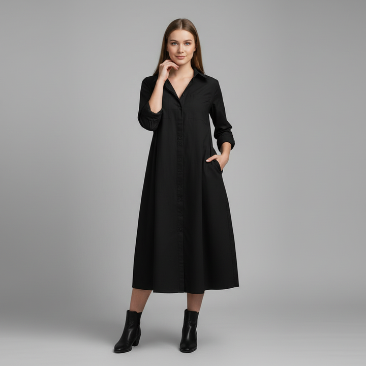 Henni Damen Hemdblusenkleid in A-Linie mit Krempelärmeln und Taschen