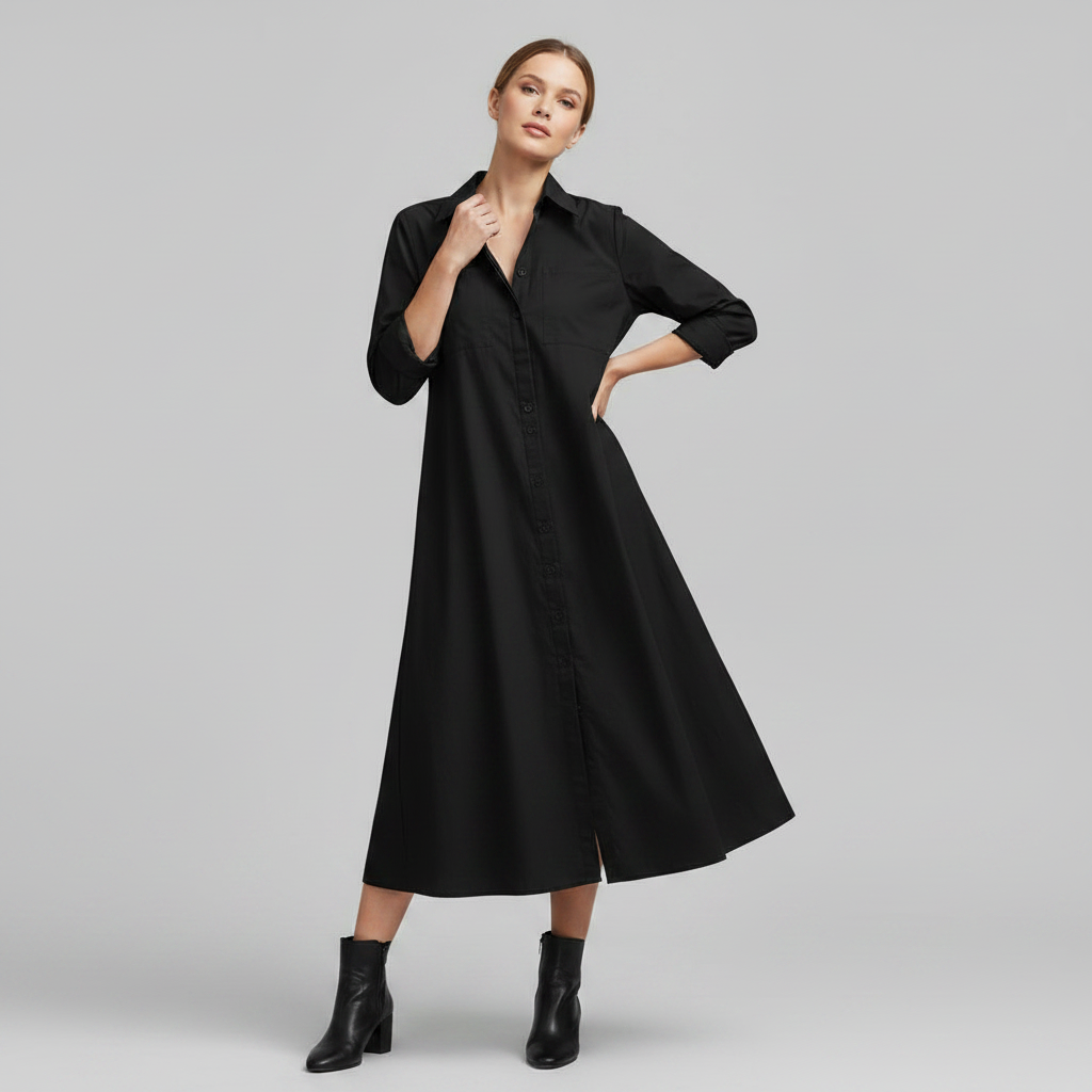Henni Damen Hemdblusenkleid in A-Linie mit Krempelärmeln und Taschen