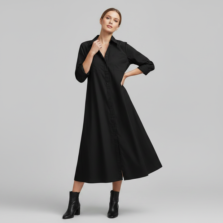 Henni Damen Hemdblusenkleid in A-Linie mit Krempelärmeln und Taschen