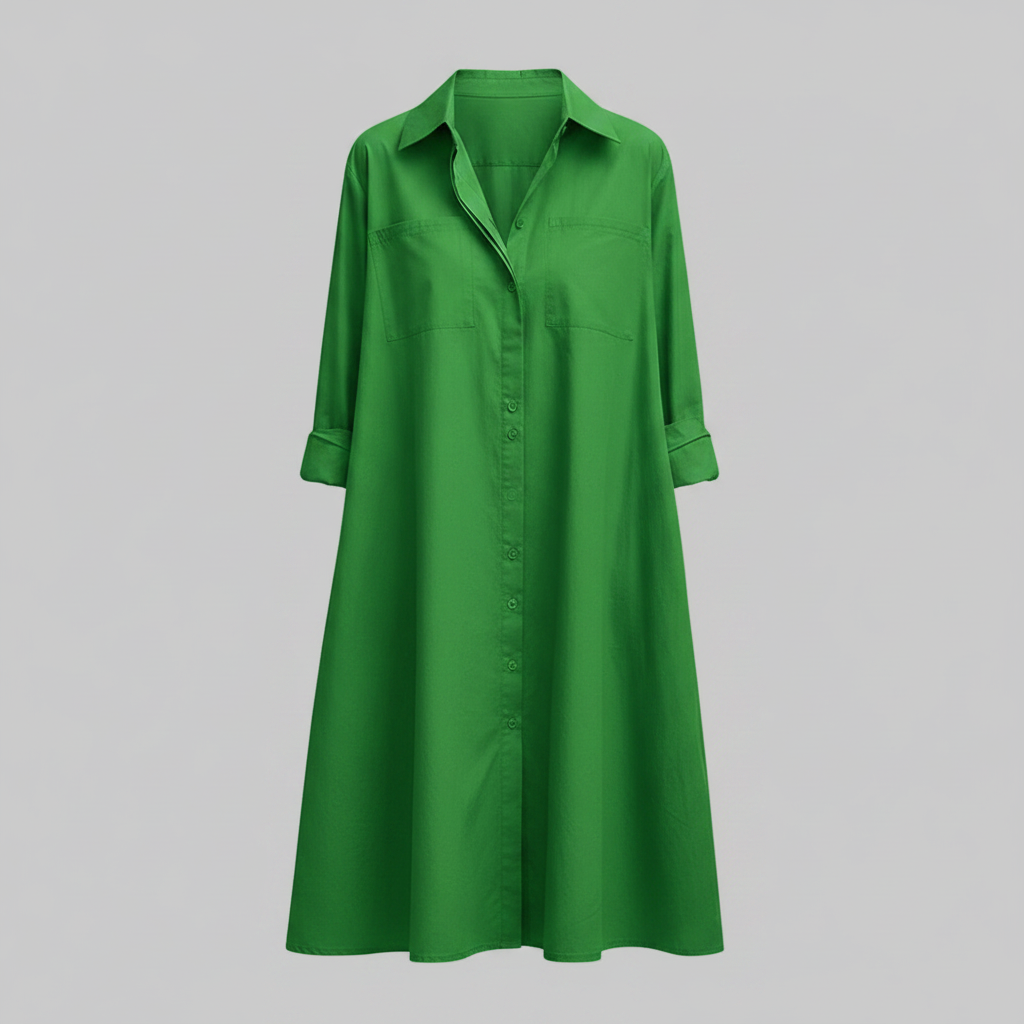 Henni Damen Hemdblusenkleid in A-Linie mit Krempelärmeln und Taschen – Grün
