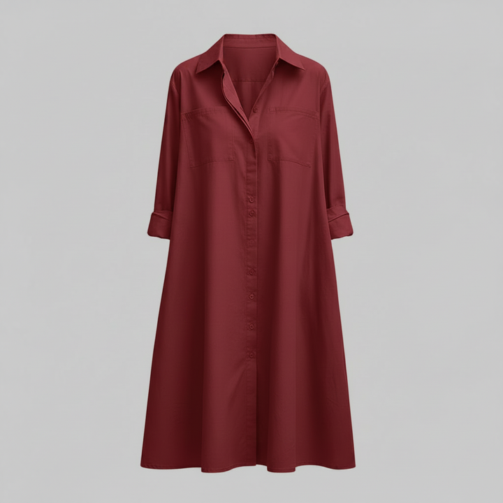 Henni Damen Hemdblusenkleid in A-Linie mit Krempelärmeln und Taschen – Rot