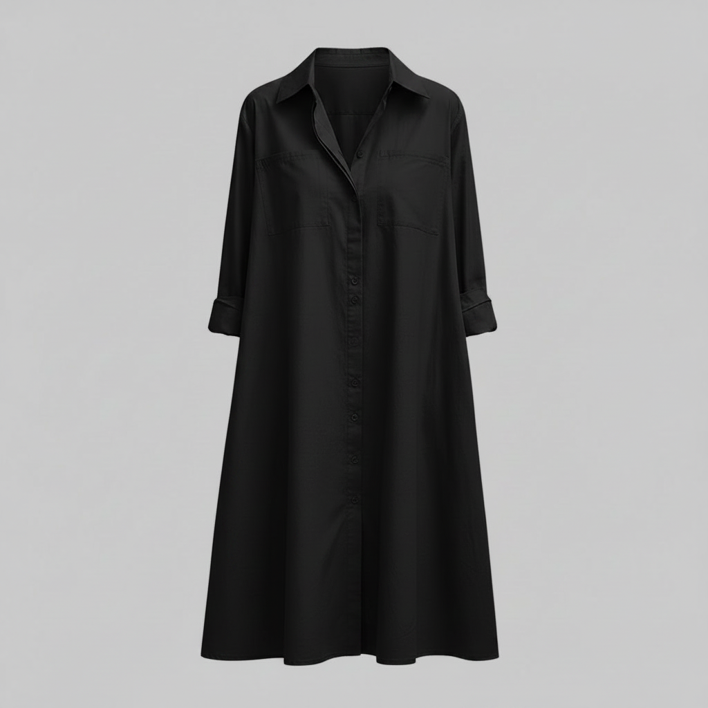 Henni Damen Hemdblusenkleid in A-Linie mit Krempelärmeln und Taschen – Schwarz