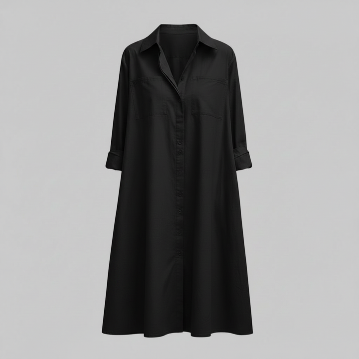 Henni Damen Hemdblusenkleid in A-Linie mit Krempelärmeln und Taschen – Schwarz
