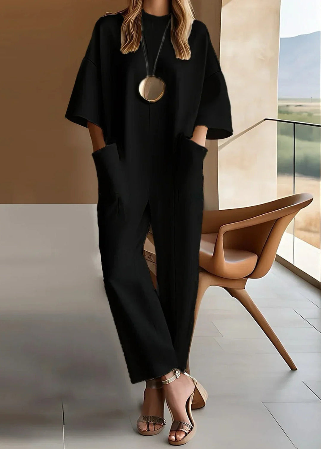 Henny Damen Jumpsuit mit Rundhalsausschnitt und weitem Bein – Schwarz