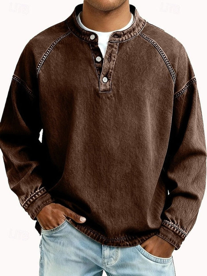 Dominik | Herren Retro Henley Strick Langarm im Used-Look