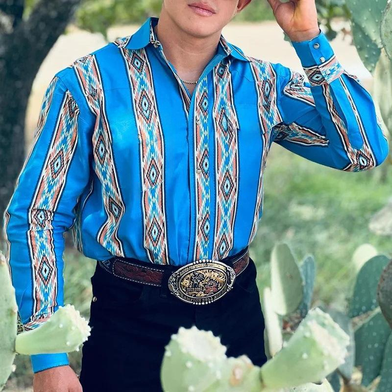 Hinnerk Herren Westernhemd mit Ethno-Print und Kentkragen – Blau