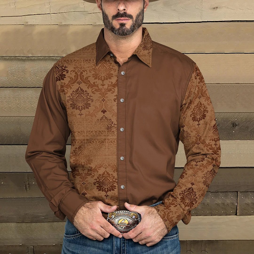 Hinnerk Herren Westernhemd mit Ethno-Print und Kentkragen – Braun