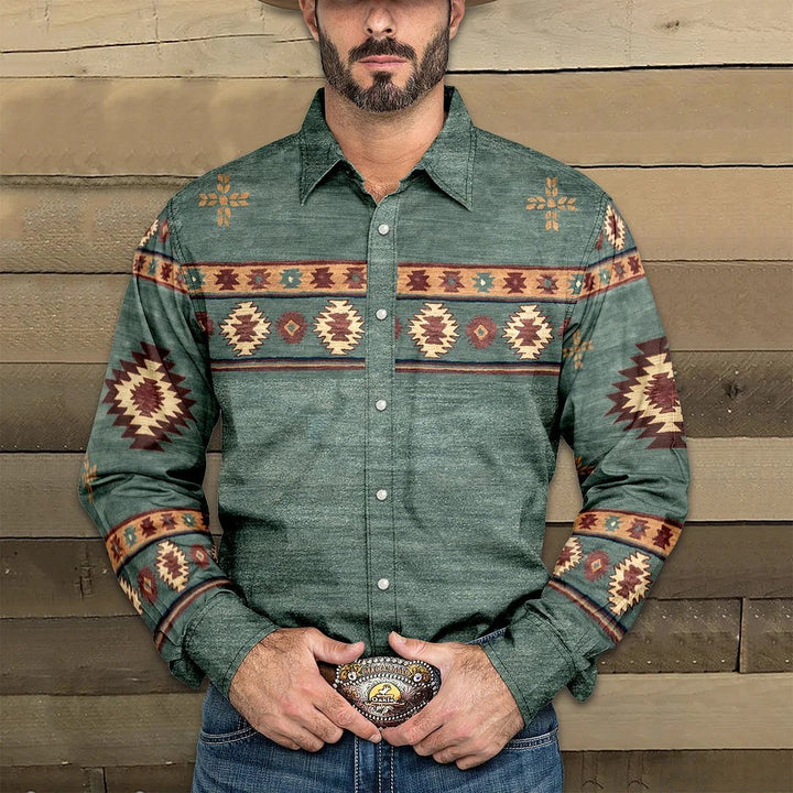Hinnerk Herren Westernhemd mit Ethno-Print und Kentkragen – Grün