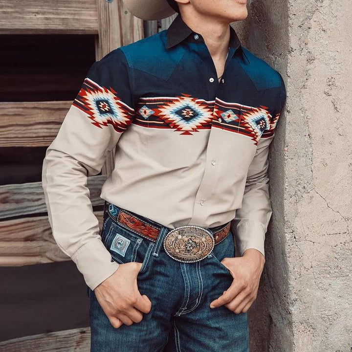 Hinnerk Herren Westernhemd mit Ethno-Print und Kentkragen – Marineblau