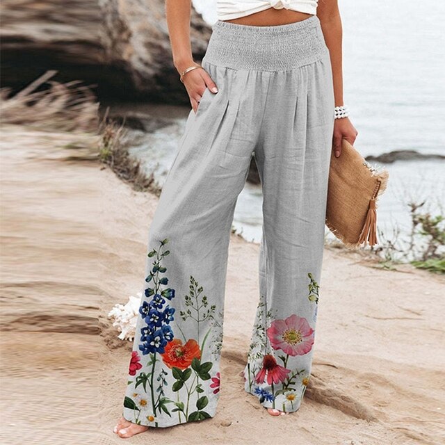 Hose für Damen mit Weitem Bein und Blumenmuster