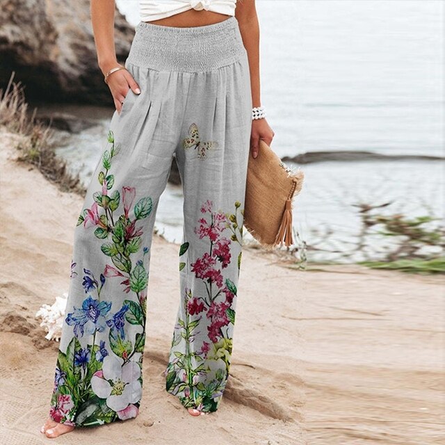 Hose für Damen mit Weitem Bein und Blumenmuster