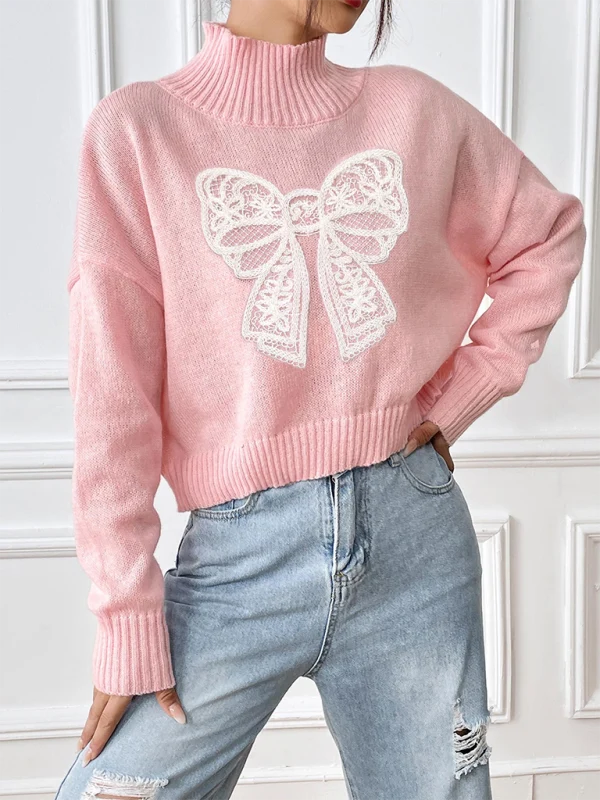 Ilka Damen Oversize-Pullover mit geripptem Stehkragen und Spitzenschleife