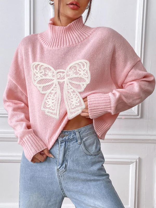 Ilka Damen Oversize-Pullover mit geripptem Stehkragen und Spitzenschleife