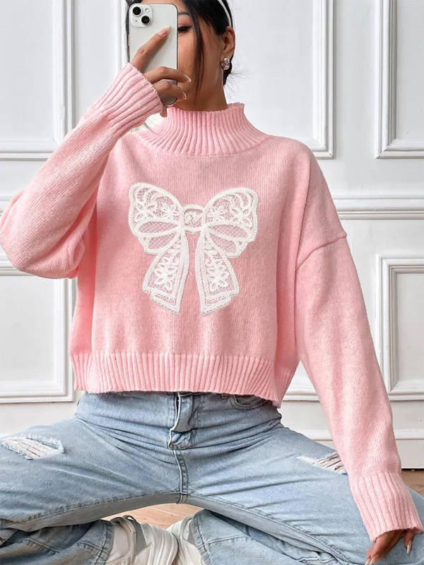 Ilka Damen Oversize-Pullover mit geripptem Stehkragen und Spitzenschleife