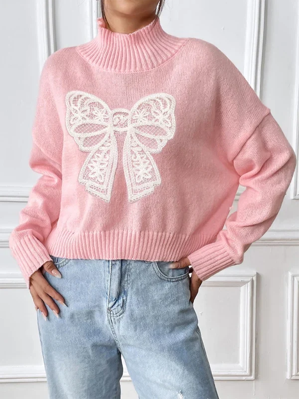 Ilka Damen Oversize-Pullover mit geripptem Stehkragen und Spitzenschleife