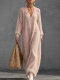 Ilvy | Damen Maxi-Strickkleid mit tiefem V-Ausschnitt und Ballonärmeln