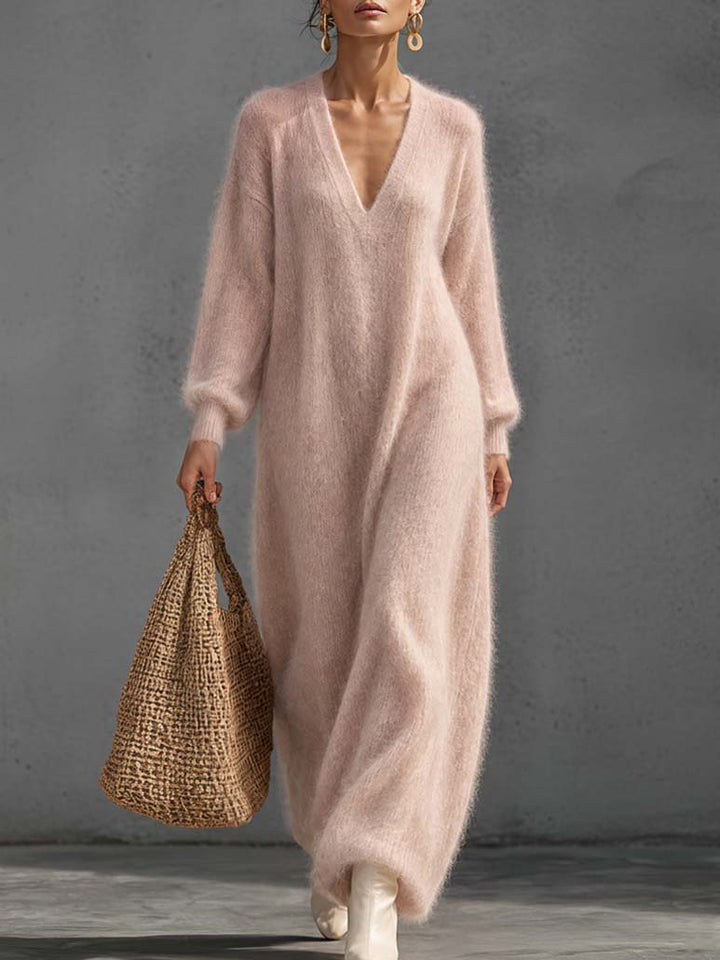 Ilvy Damen Maxi-Strickkleid mit tiefem V-Ausschnitt und Ballonärmeln – Altrosa