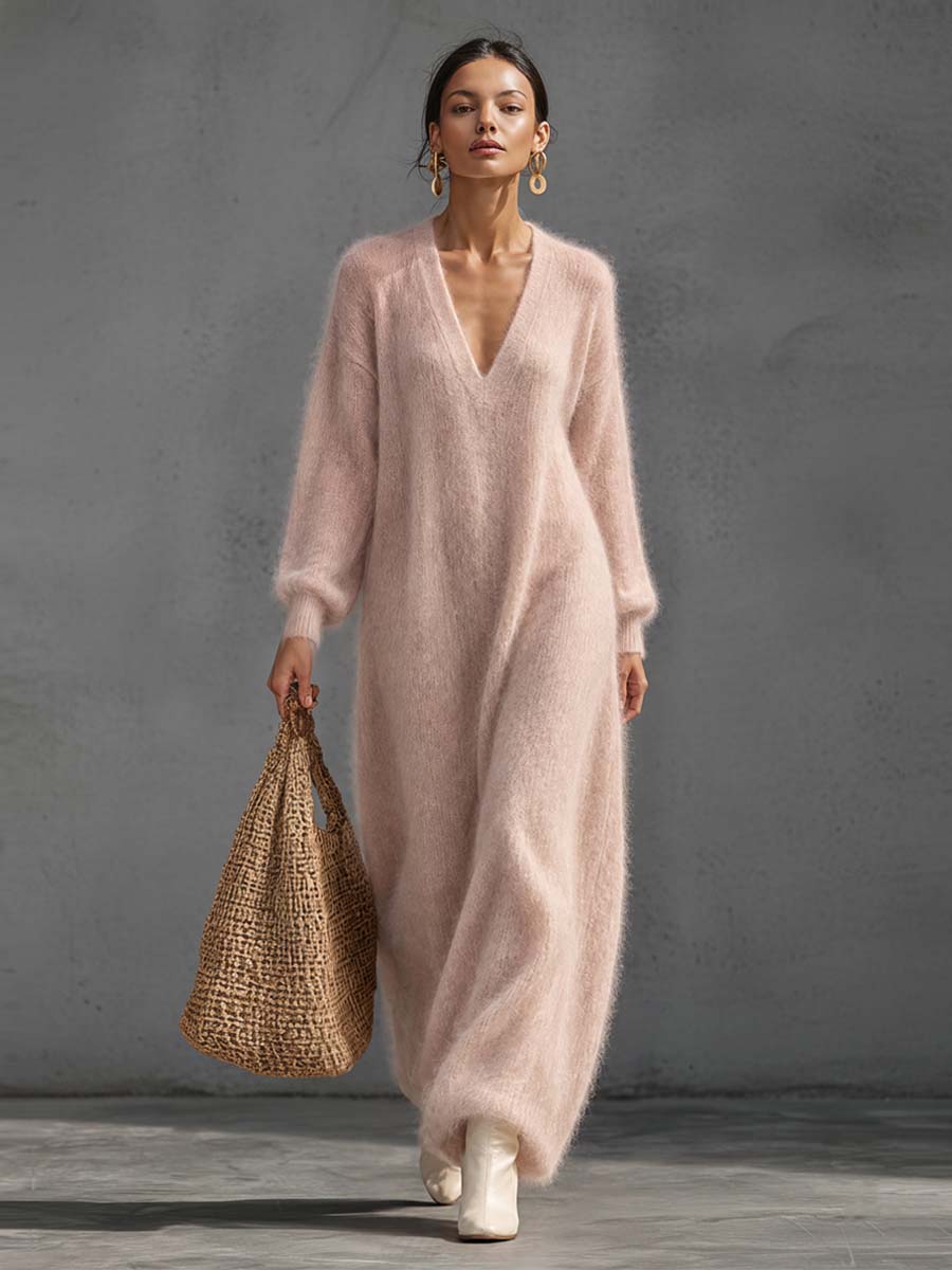 Ilvy Damen Maxi-Strickkleid mit tiefem V-Ausschnitt und Ballonärmeln