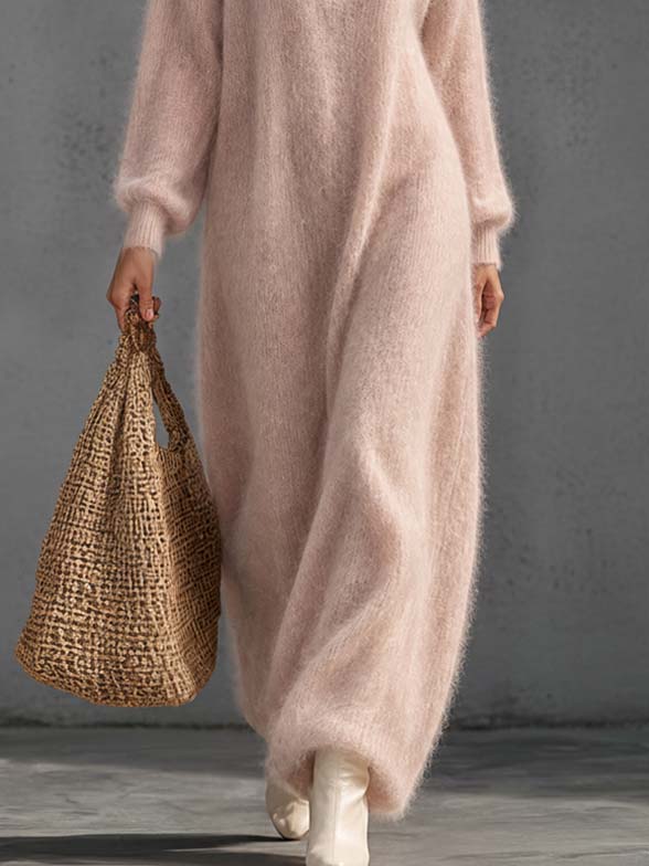 Ilvy Damen Maxi-Strickkleid mit tiefem V-Ausschnitt und Ballonärmeln