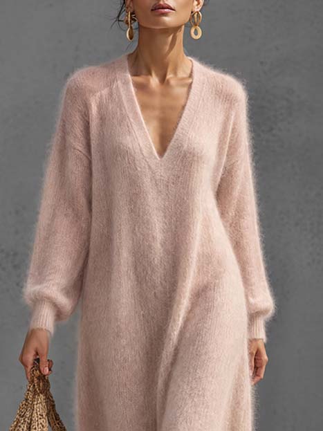 Ilvy Damen Maxi-Strickkleid mit tiefem V-Ausschnitt und Ballonärmeln