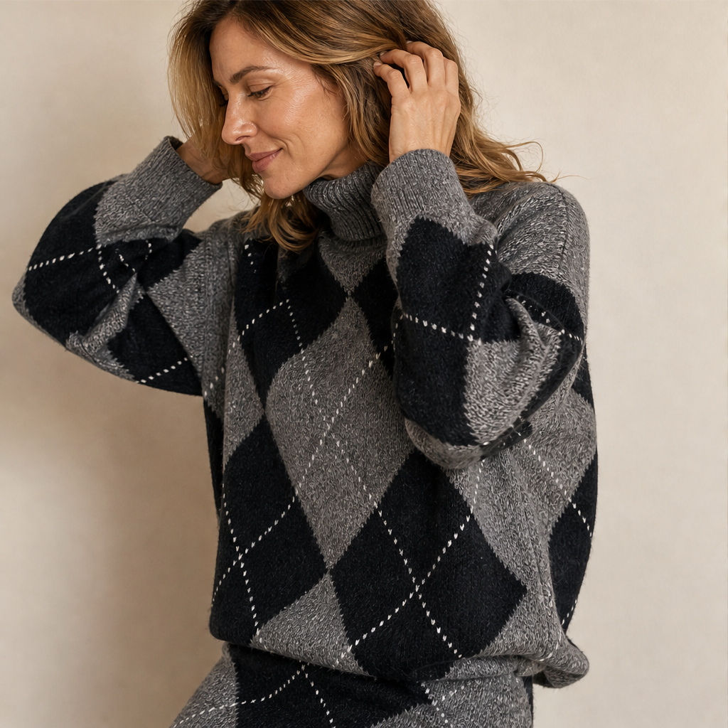 Ilvy Damen Strickset mit Rautenmuster, Rollkragenpullover und Minirock