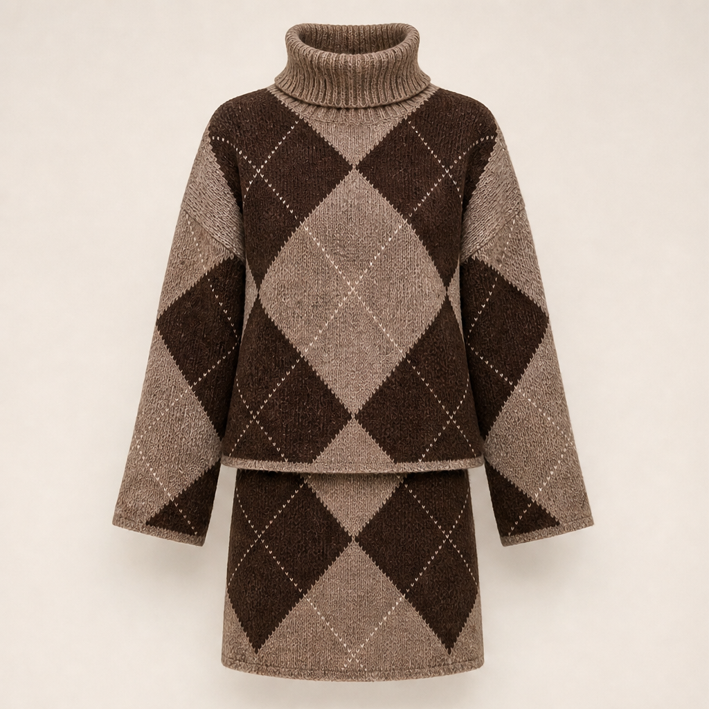 Ilvy Damen Strickset mit Rautenmuster, Rollkragenpullover und Minirock in Braun